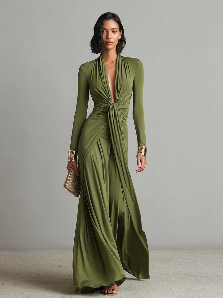 Abito Lungo Verde Oliva in Seta Elastico con Profondo Scollo a V e Dettagli Arricciati, Abito Maxi Glamour