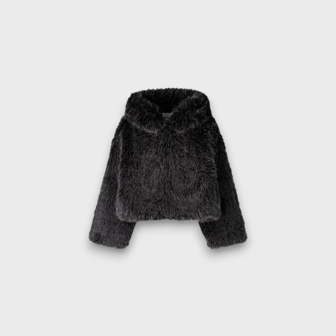 Leyana – Giacca oversize in pelliccia sintetica con cappuccio in grigio fumo
