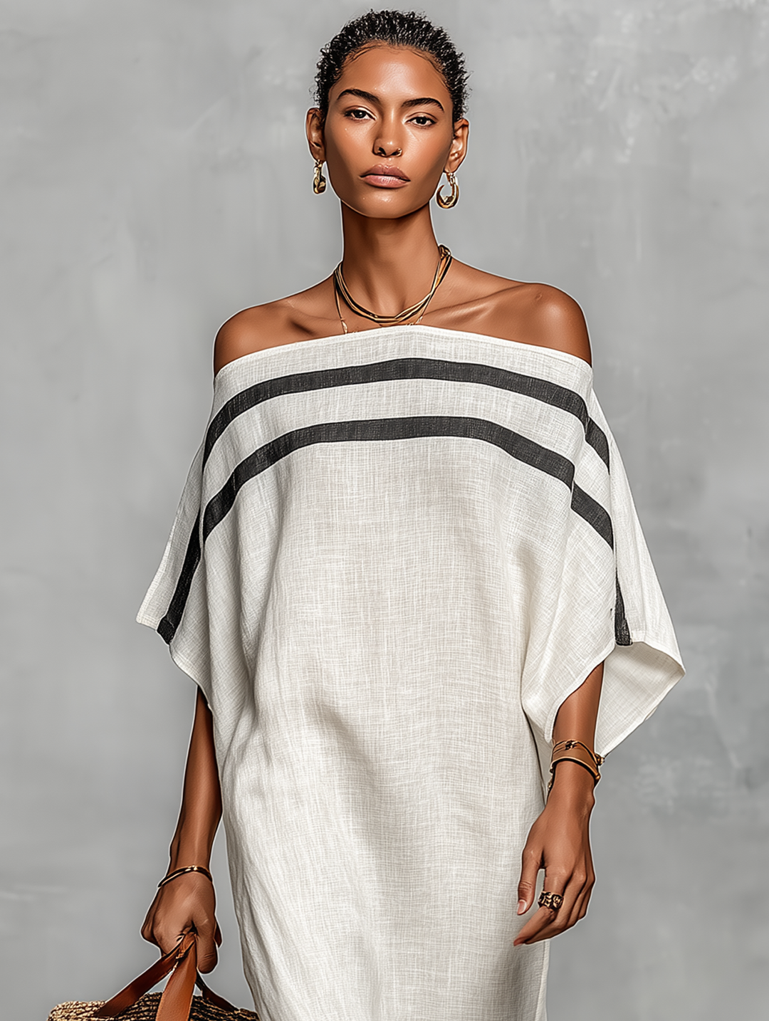 Abito Maxi Minimalista in Lino per Donna con Scollo Off-the-Shoulder e Maniche a Pipistrello