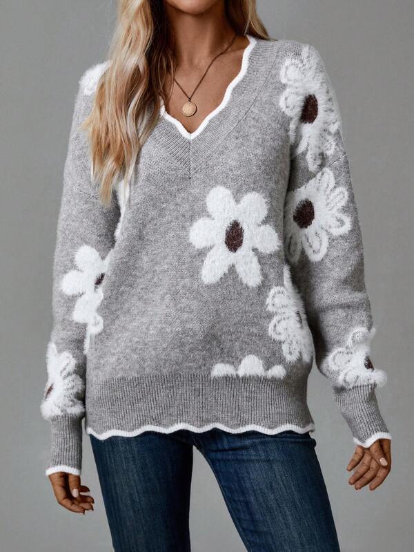 PAULA | Maglione floreale elegante con scollo a V