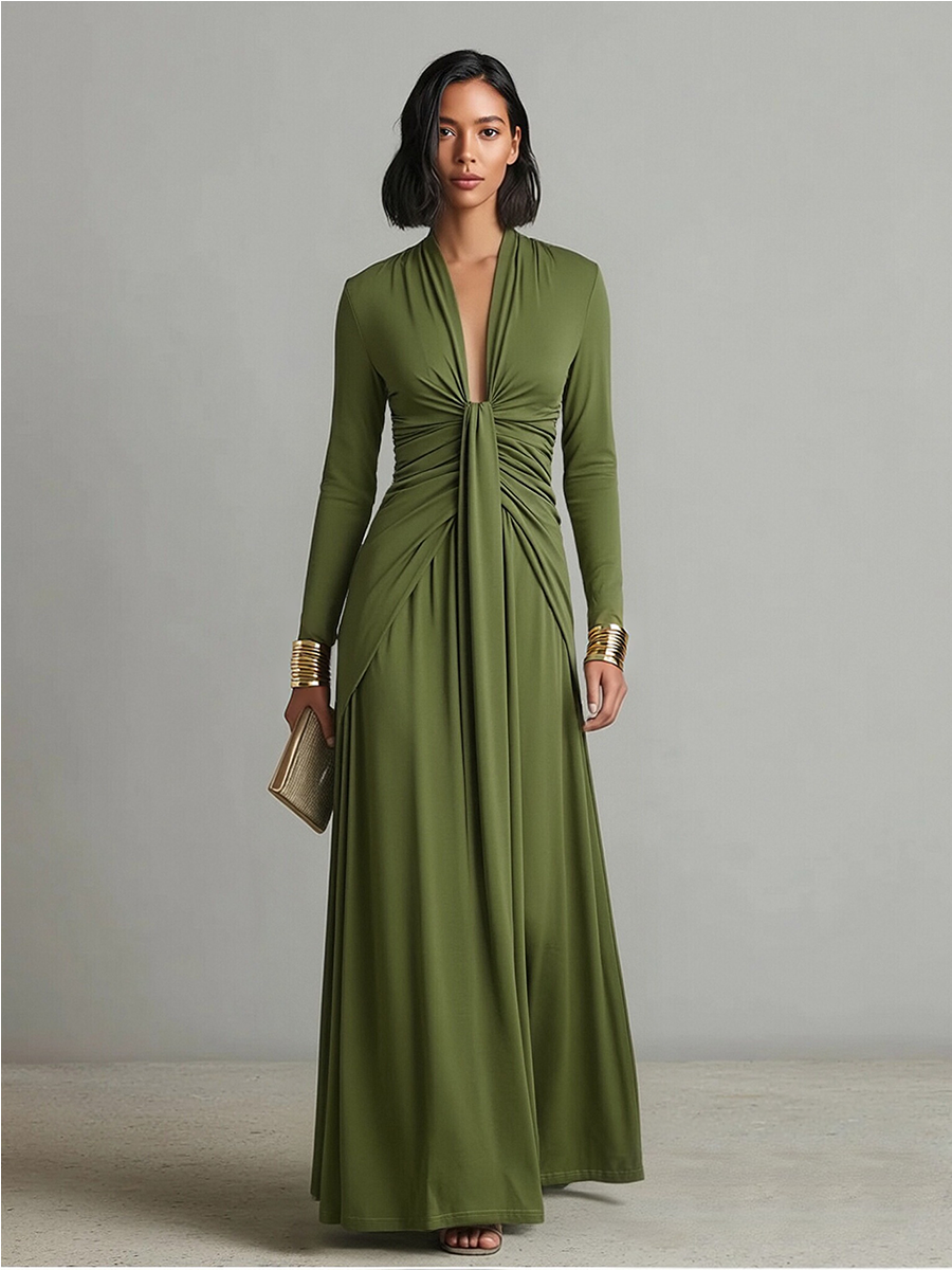 Abito Lungo Verde Oliva in Seta Elastico con Profondo Scollo a V e Dettagli Arricciati, Abito Maxi Glamour