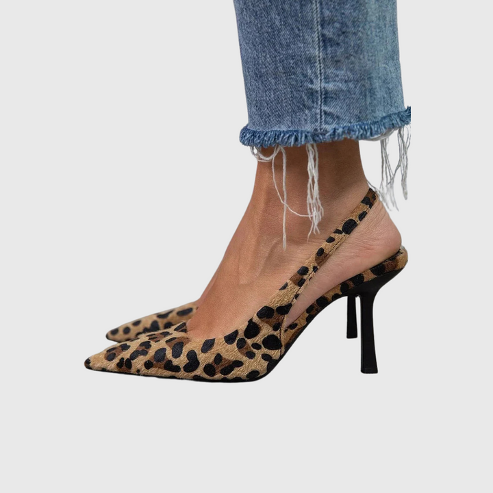 Seda - Scarpe con tacco a spillo color cachi con punta affusolata e stampa leopardata