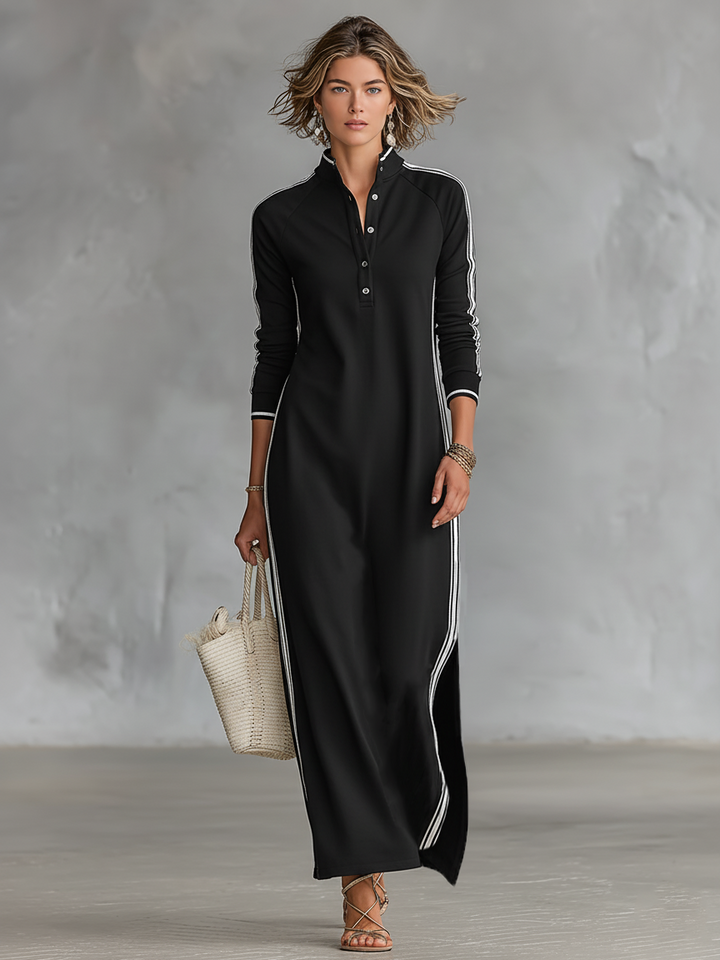 Abito Maxi Felpa Donna con Colletto Button-down e Bordo Bianco