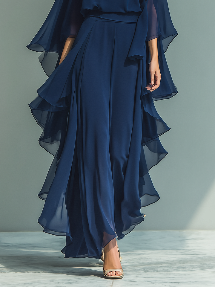 Set di Top in Chiffon Blu Navy con Maniche Svasate e Pantaloni a Gamba Dritta con Dettagli Ruchés