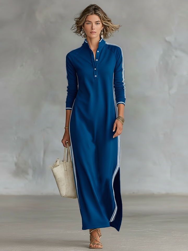 Abito Maxi Felpa Donna con Colletto Button-down e Bordo Bianco