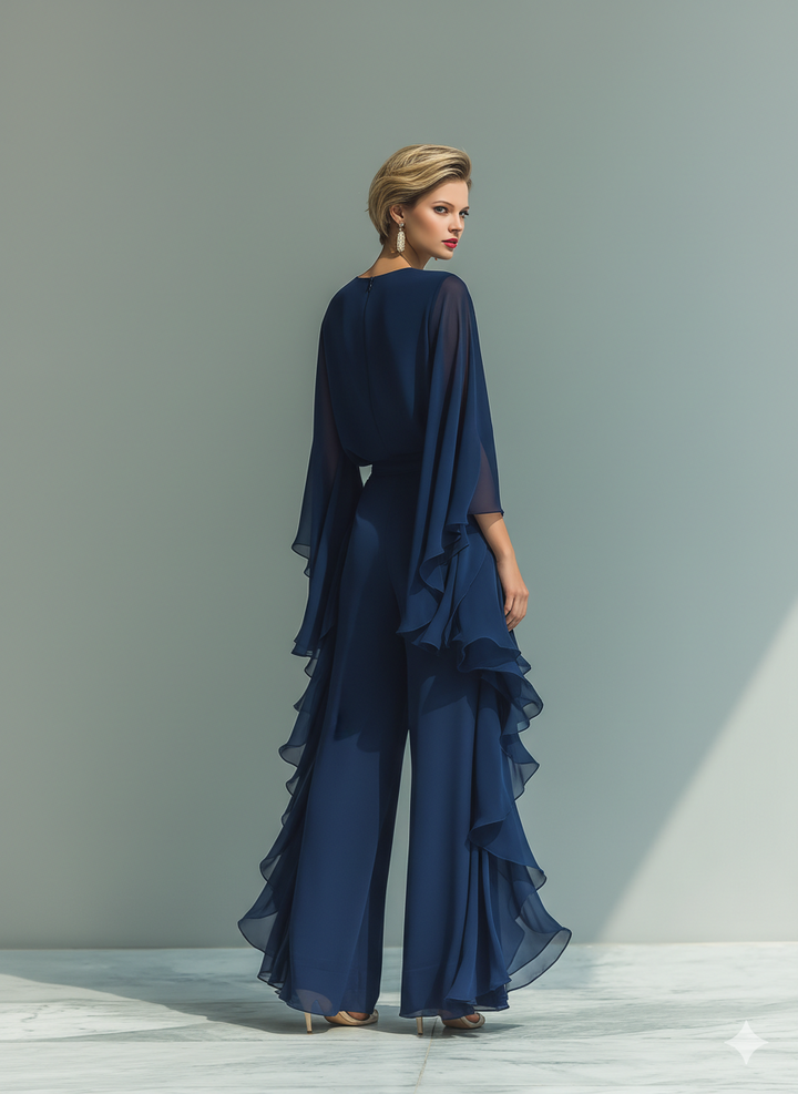 Set di Top in Chiffon Blu Navy con Maniche Svasate e Pantaloni a Gamba Dritta con Dettagli Ruchés