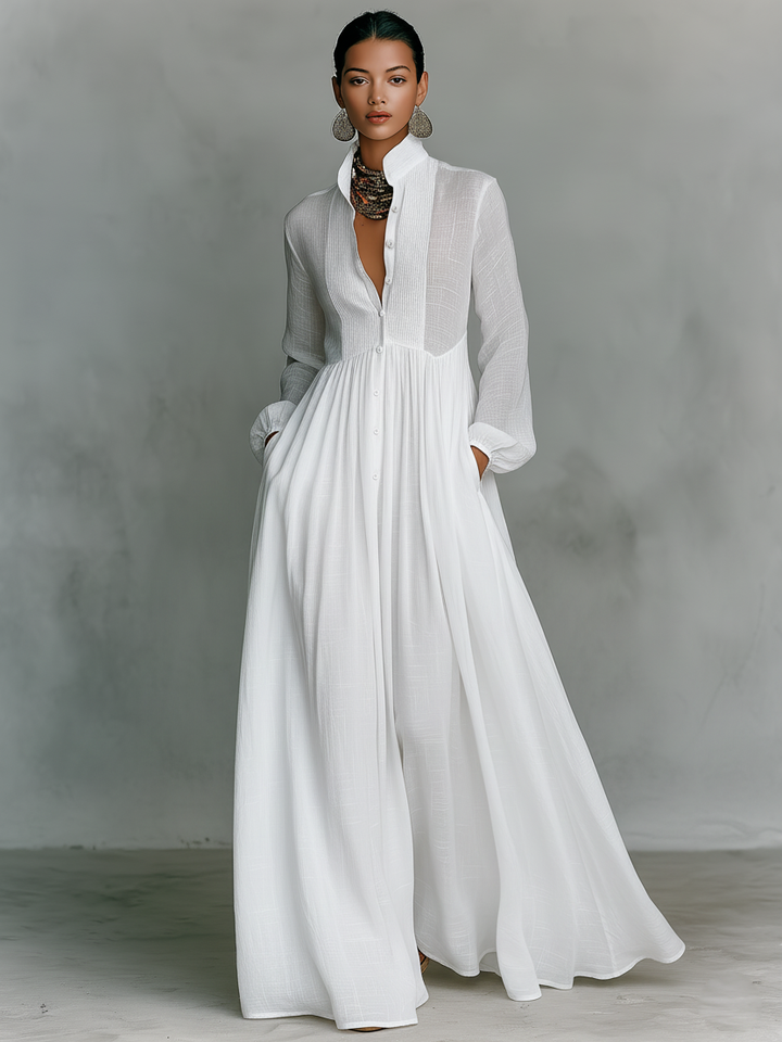 Abito Maxi Minimalista in Cotone e Lino con Patchwork, Collo Alzato e Maniche Lunghe