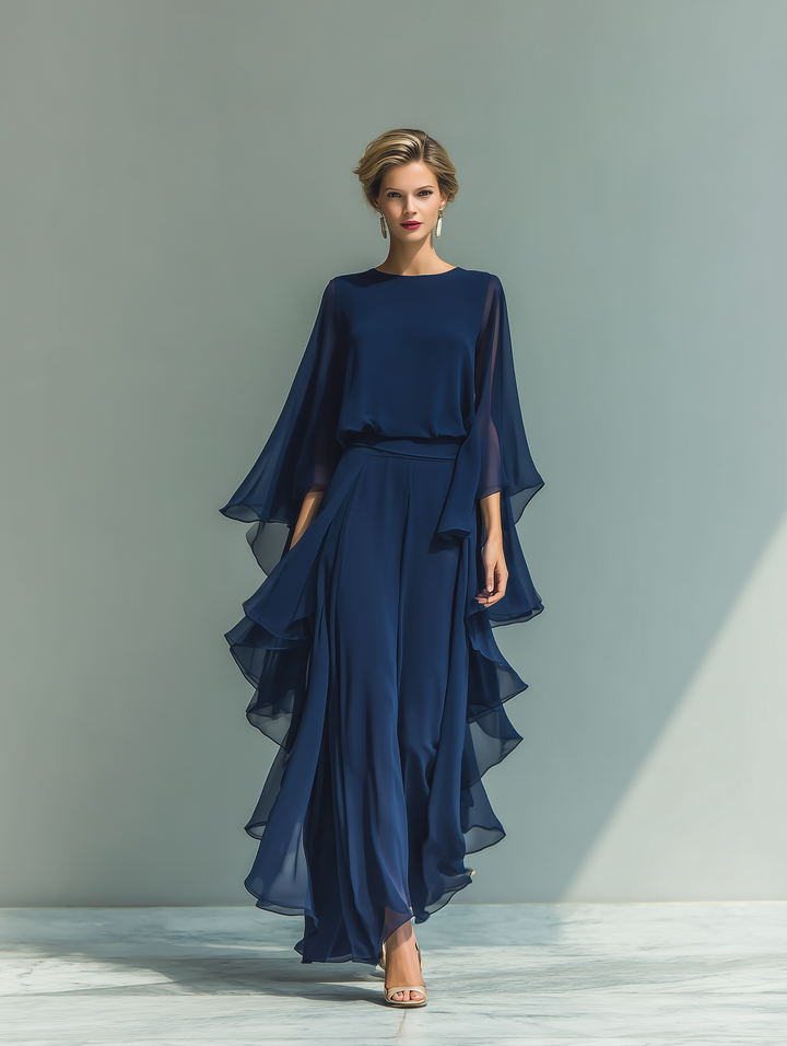 Set di Top in Chiffon Blu Navy con Maniche Svasate e Pantaloni a Gamba Dritta con Dettagli Ruchés