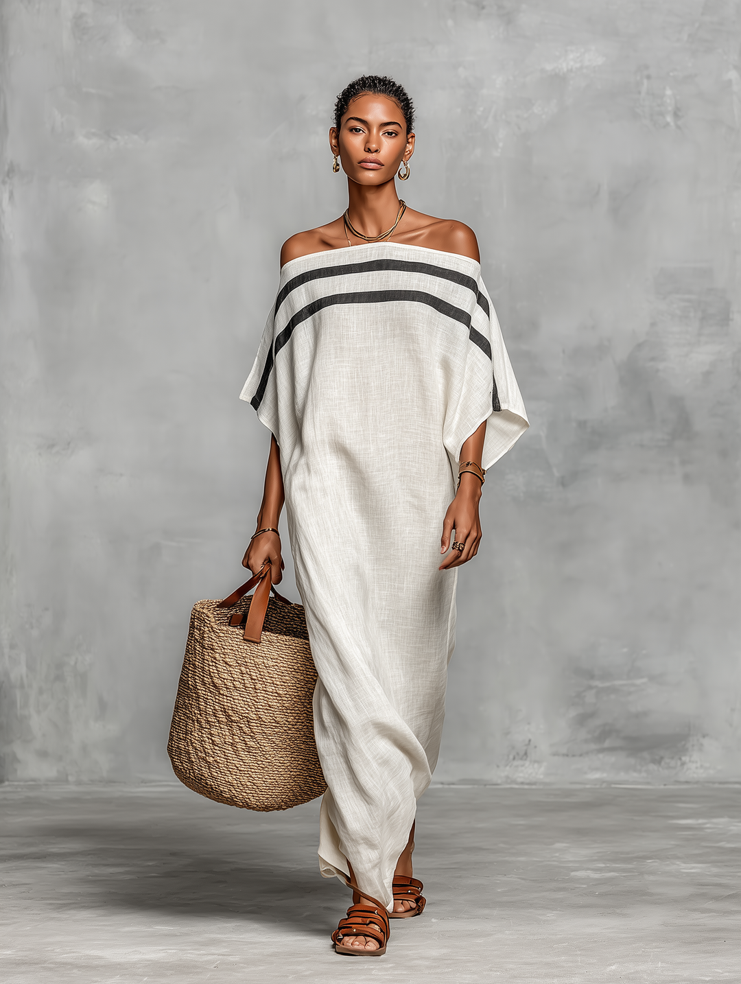 Abito Maxi Minimalista in Lino per Donna con Scollo Off-the-Shoulder e Maniche a Pipistrello