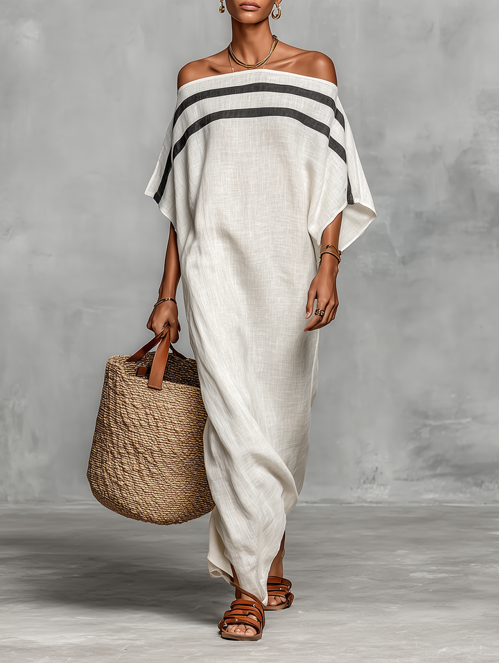 Abito Maxi Minimalista in Lino per Donna con Scollo Off-the-Shoulder e Maniche a Pipistrello