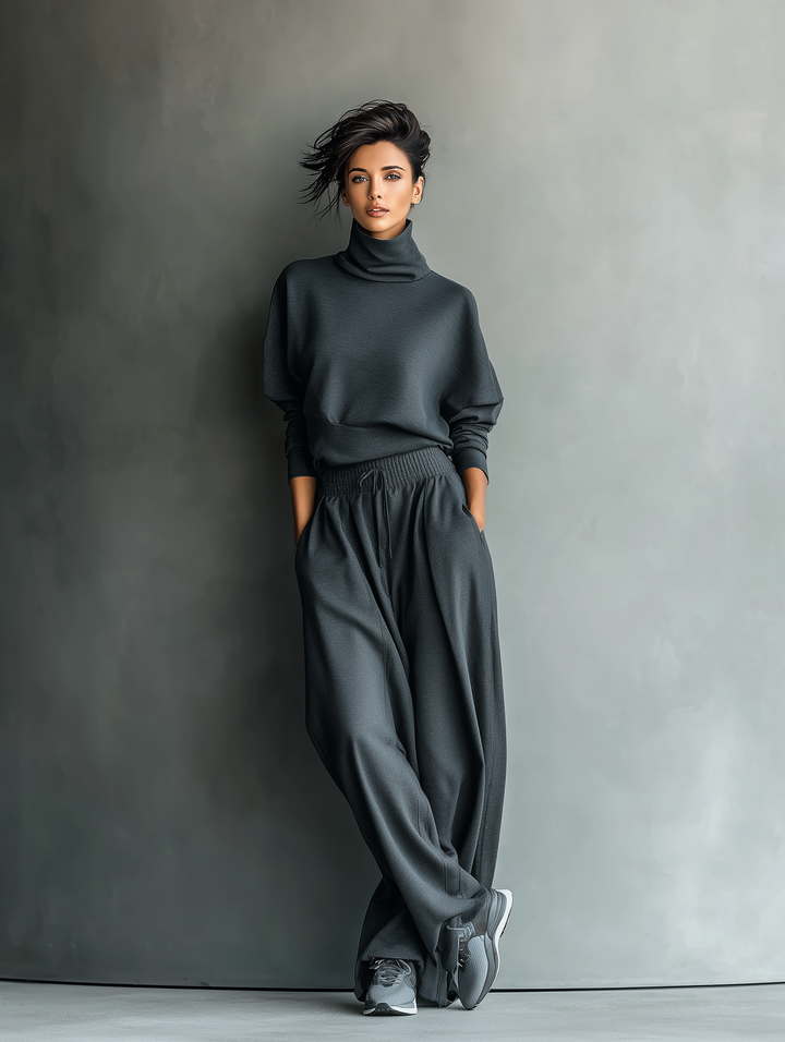 Set da donna in maglia di carbone con collo alto e pantaloni a gamba larga