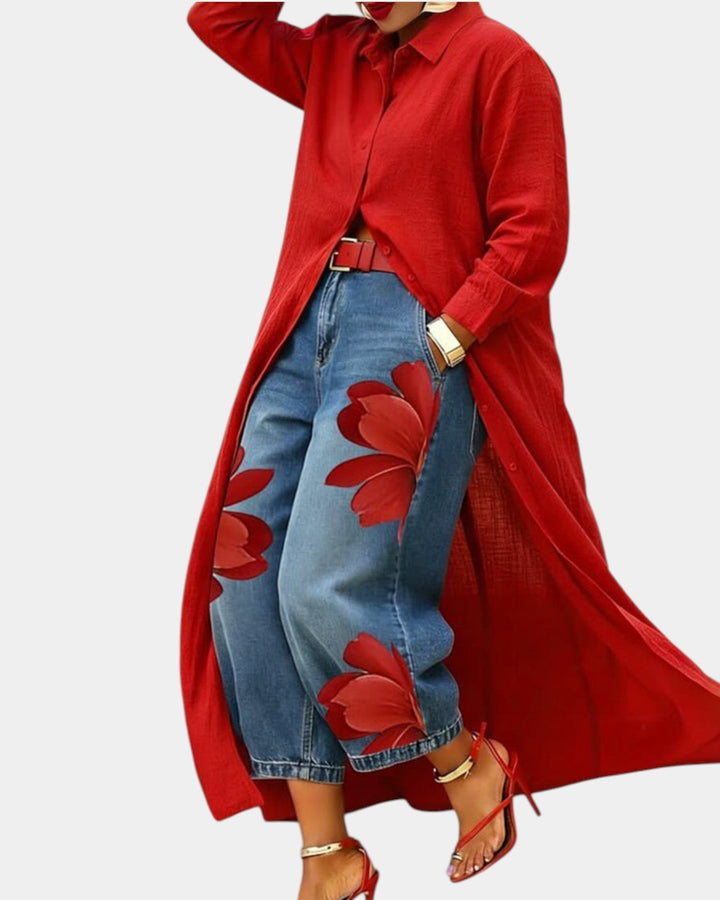 Céliane | Completo chemisier fluido e jeans a gamba larga