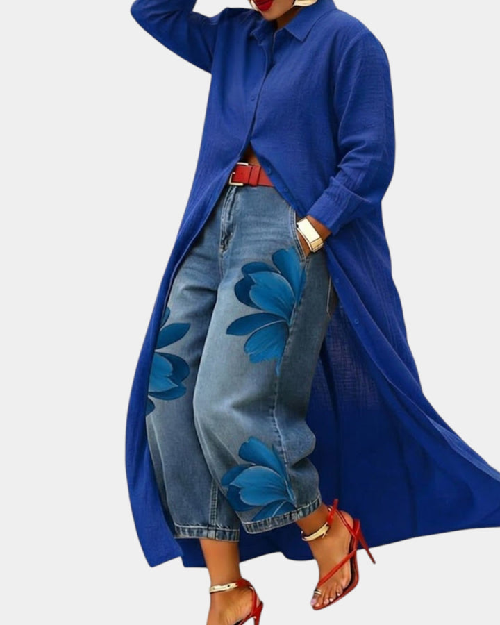 Céliane | Completo chemisier fluido e jeans a gamba larga